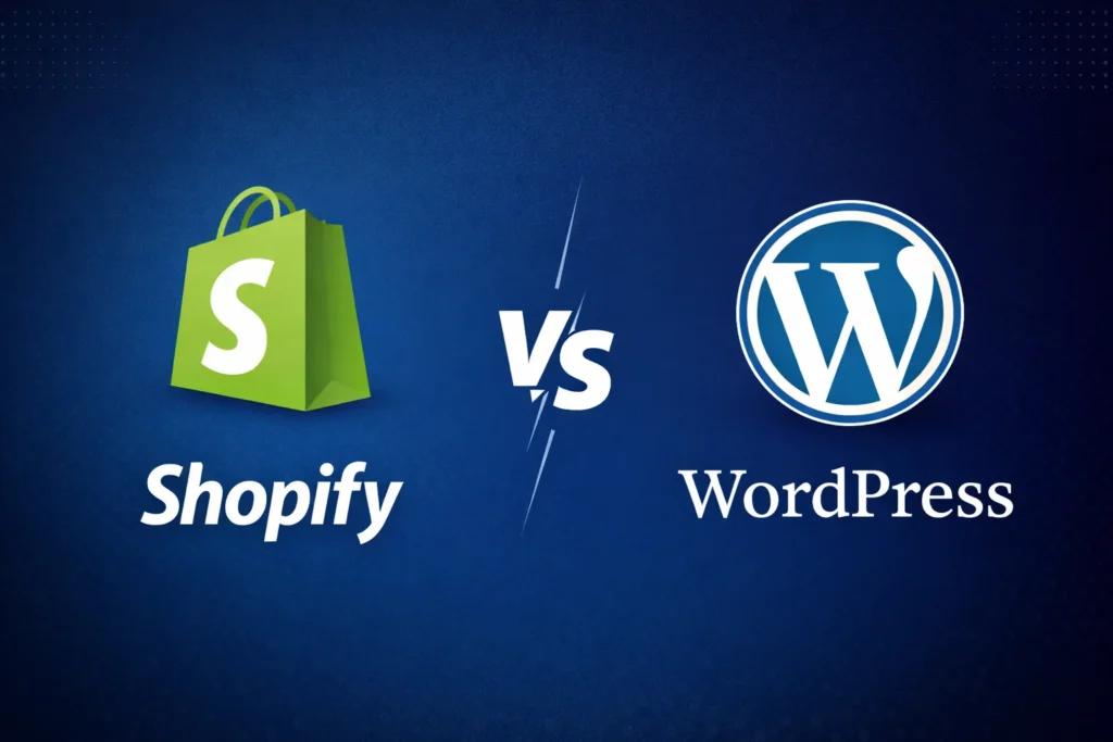 Shopify vs WordPress logos on a blue background, illustrating platform comparison for web design and e-commerce solutions.