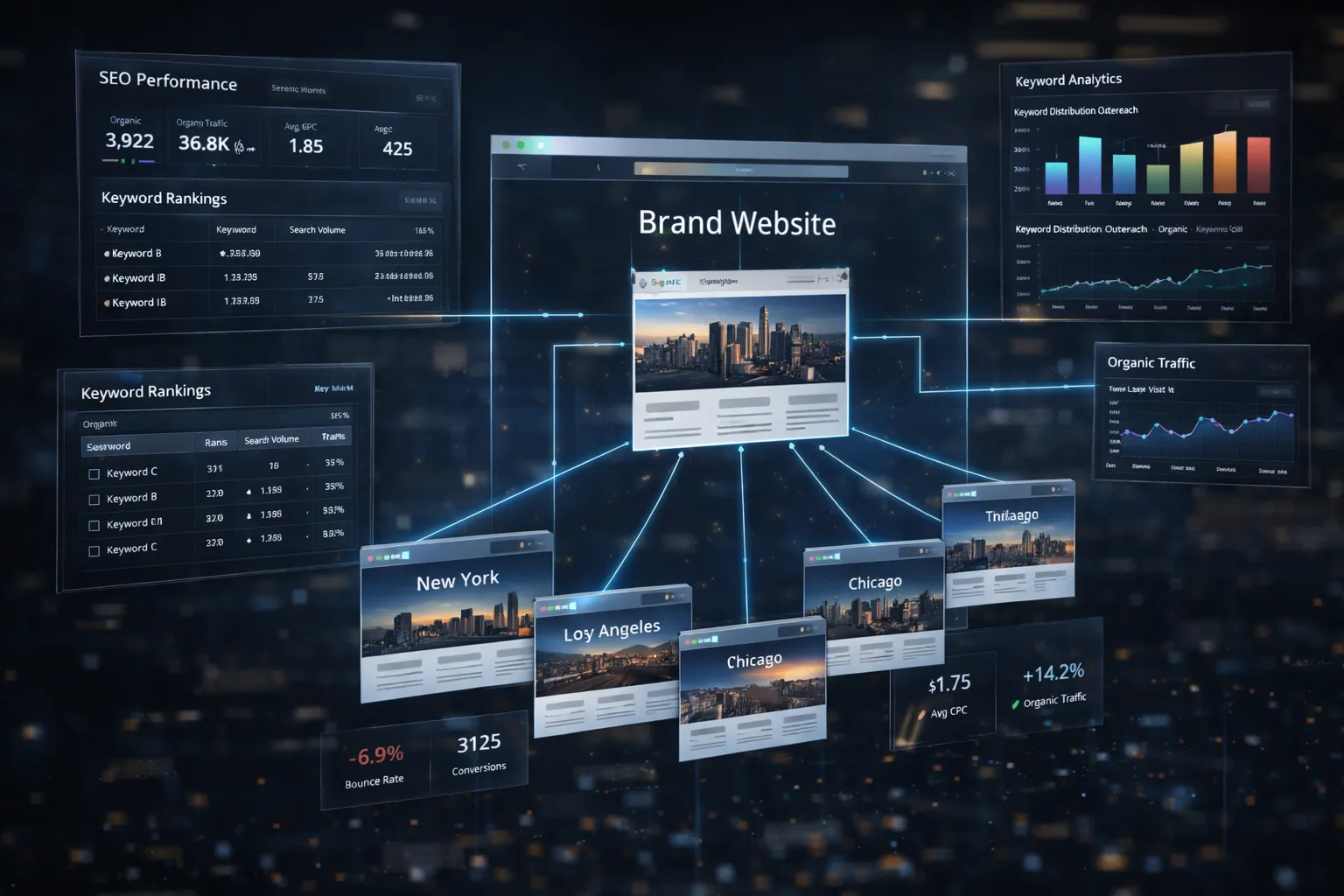 Visual representation of franchise marketing analytics, showcasing SEO performance, keyword rankings, and organic traffic data across multiple cities including New York, Los Angeles, and Chicago, emphasizing brand website connectivity and digital marketing strategy.