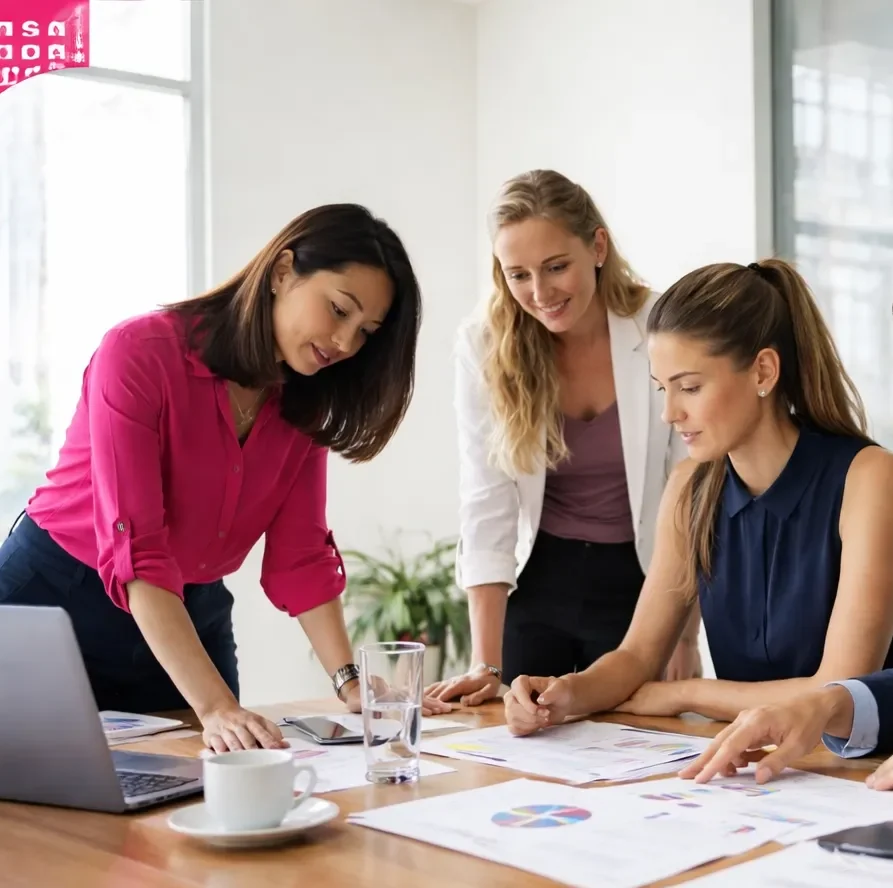 Group of professional women collaborating over marketing reports and charts in a bright office setting, emphasizing teamwork and strategic planning for accounting firm growth.