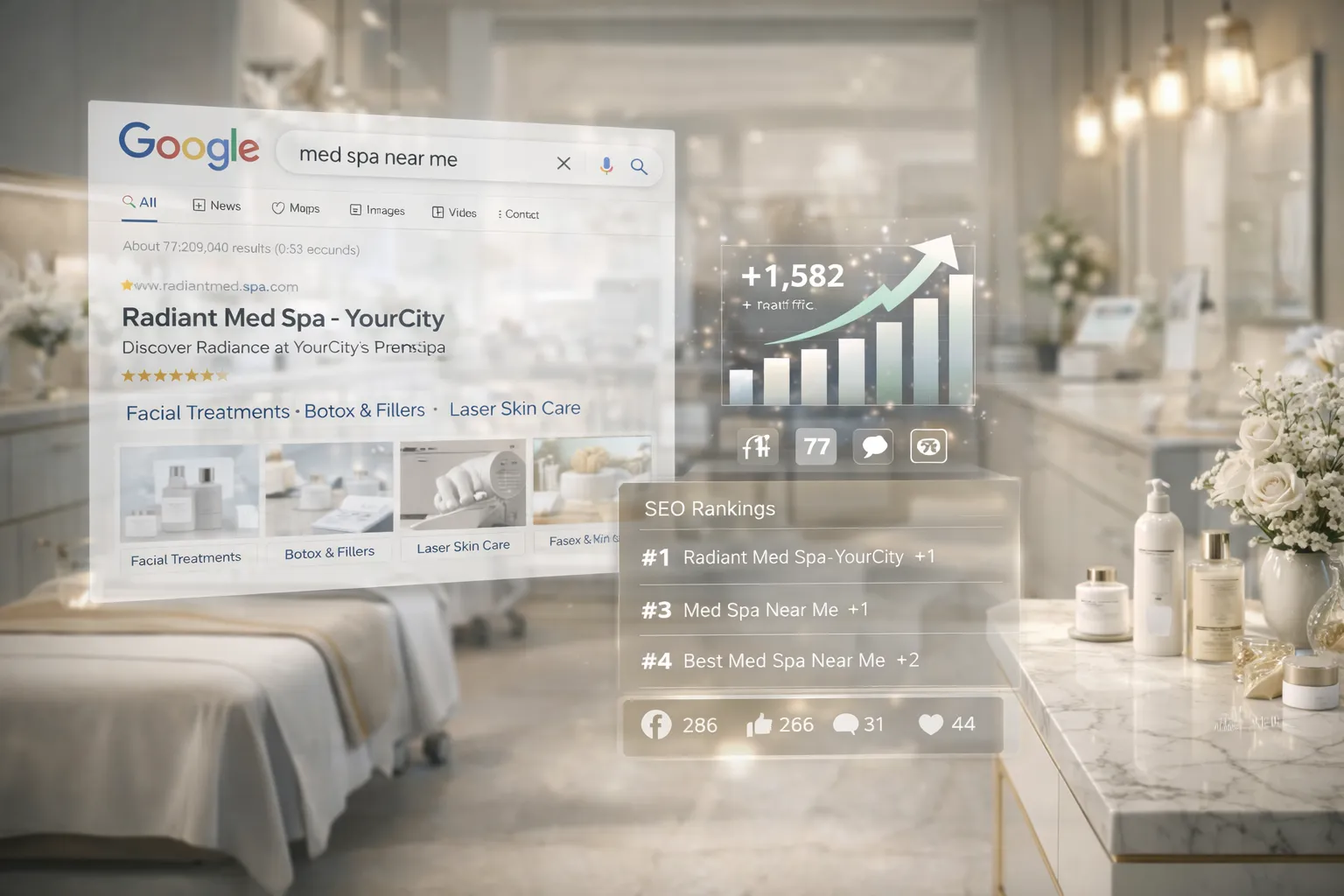 Google search for "med spa near me" displaying Radiant Med Spa listing with SEO rankings and growth metrics in a modern med spa setting.