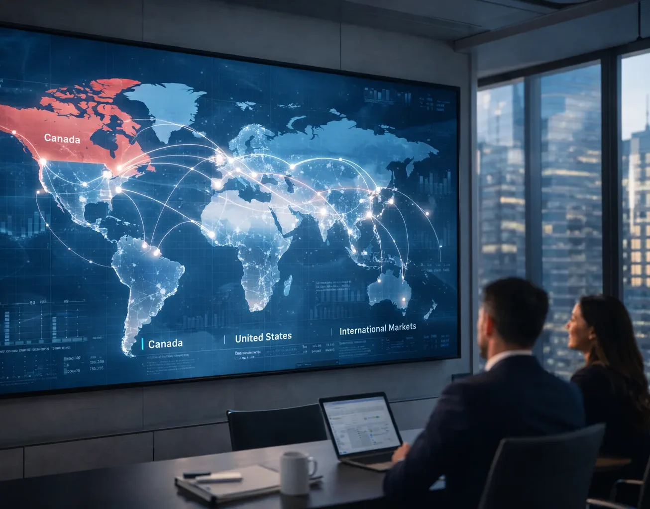 Business professionals analyzing a world map highlighting Canada and the United States, with data visualizations and network connections, in a modern office setting, illustrating financial services marketing and regional market strategies.