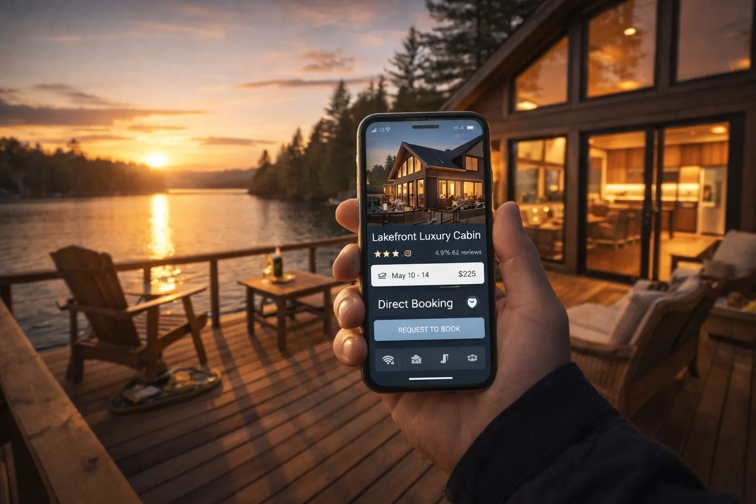 Traveler booking a lakefront vacation rental directly while viewing a cabin at sunset.