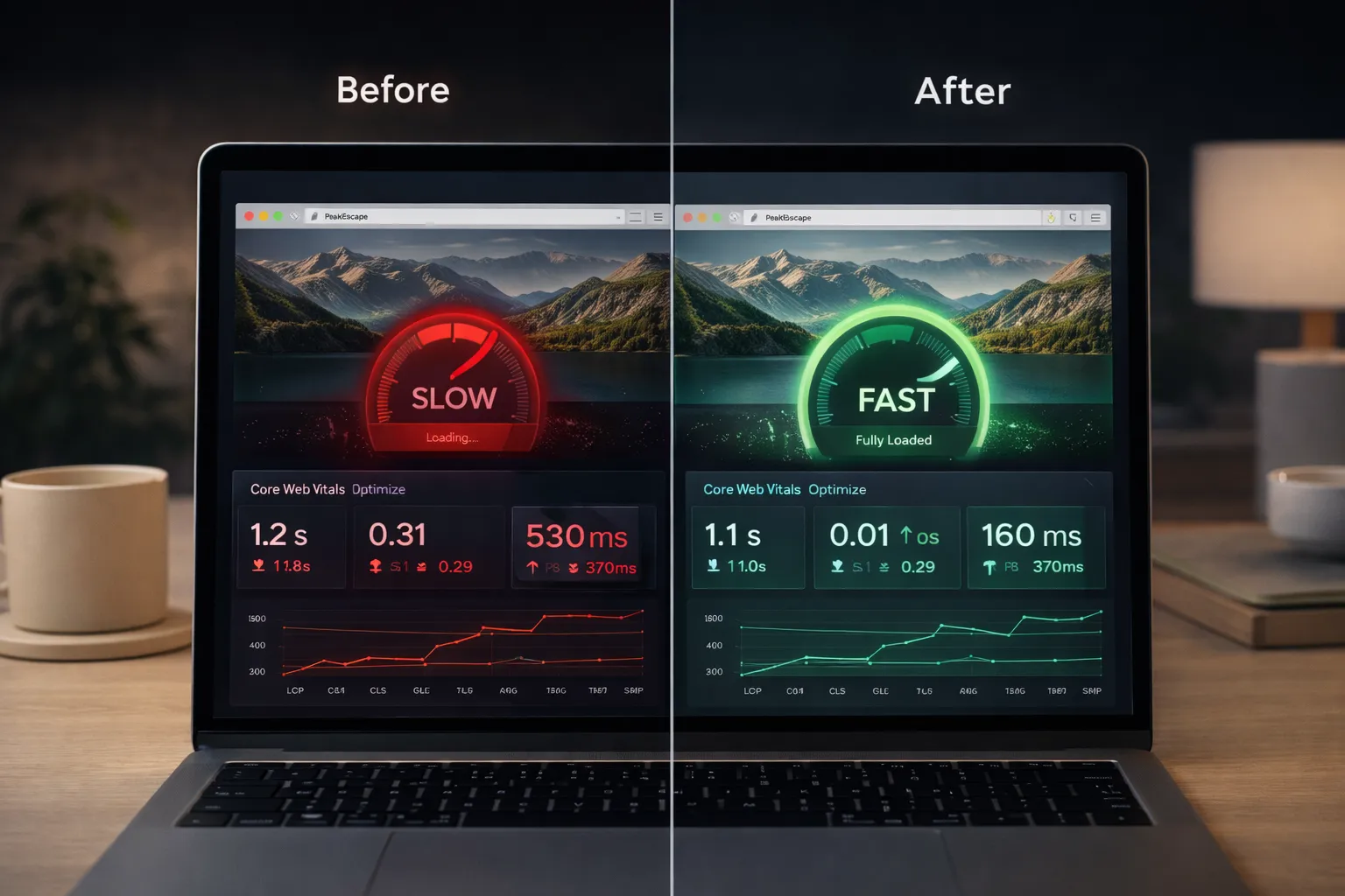 Before and after comparison of website speed optimization showing improved Core Web Vitals and faster loading experience