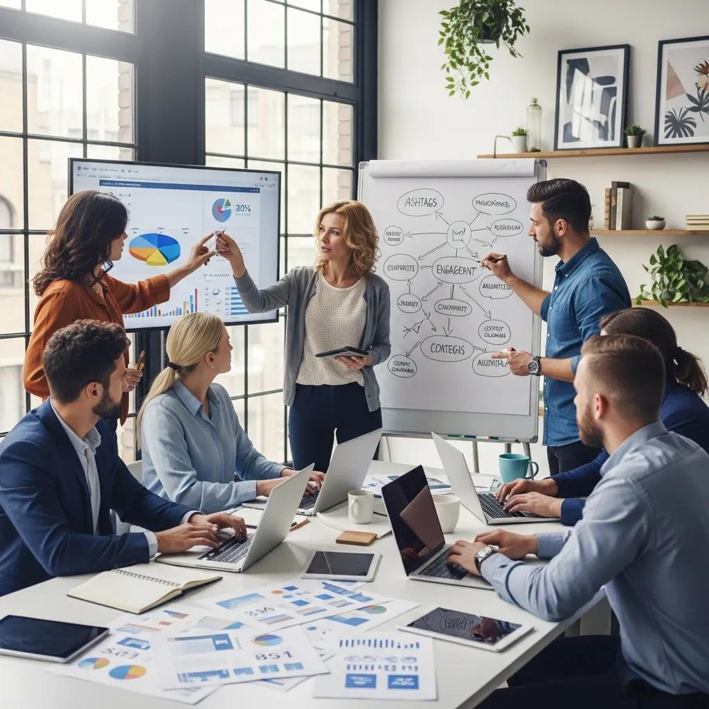 Diverse professionals collaborating on social media marketing strategies in a modern office