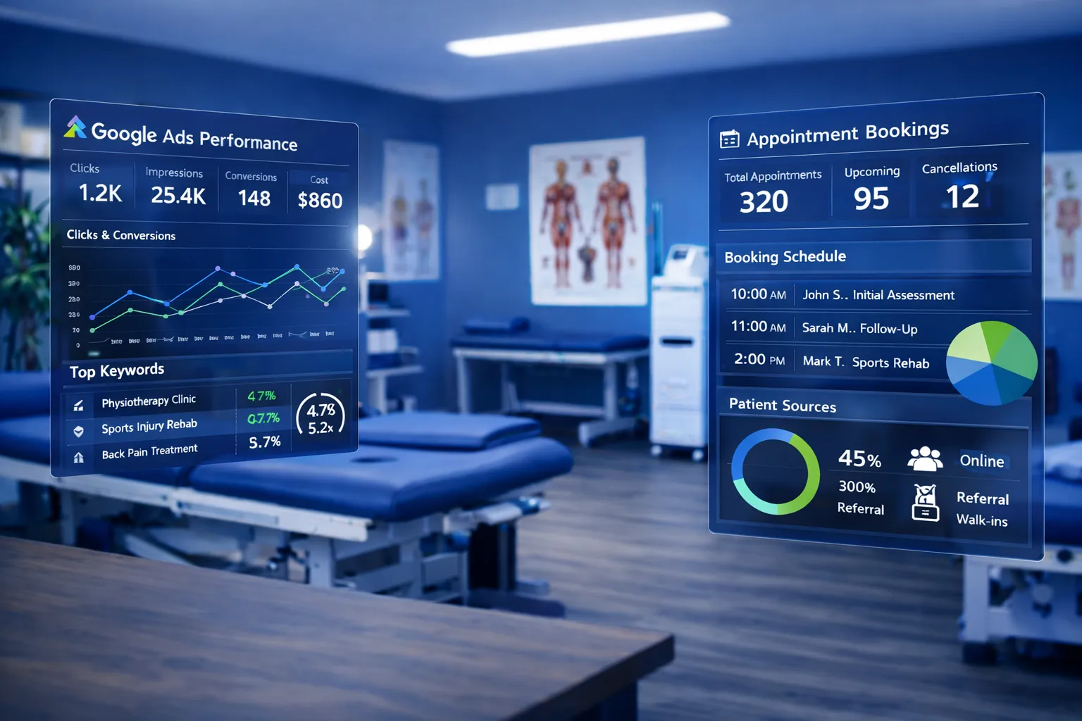 Physiotherapy clinic owner reviewing digital marketing analytics and patient bookings dashboard.