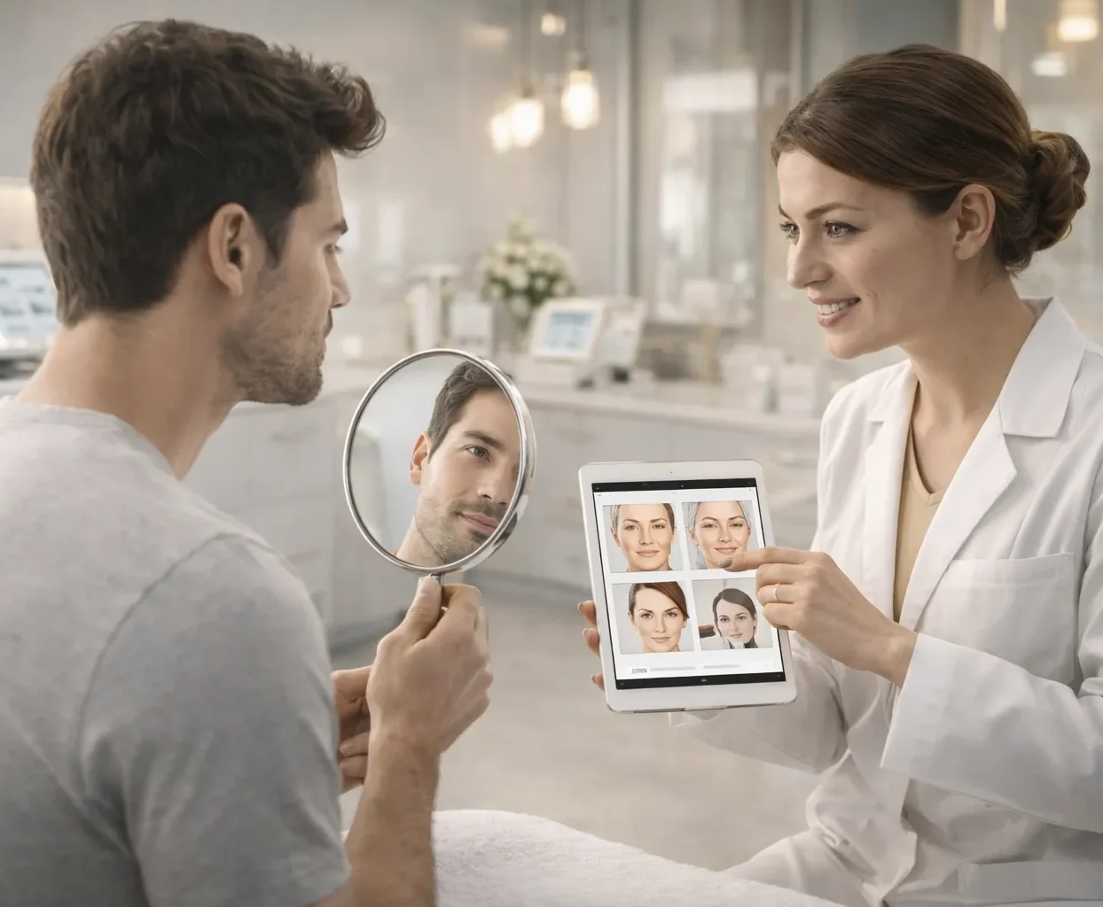 Man examining his reflection in a mirror while a medical aesthetic professional shows treatment results on a tablet, illustrating patient consultation in a med spa setting.