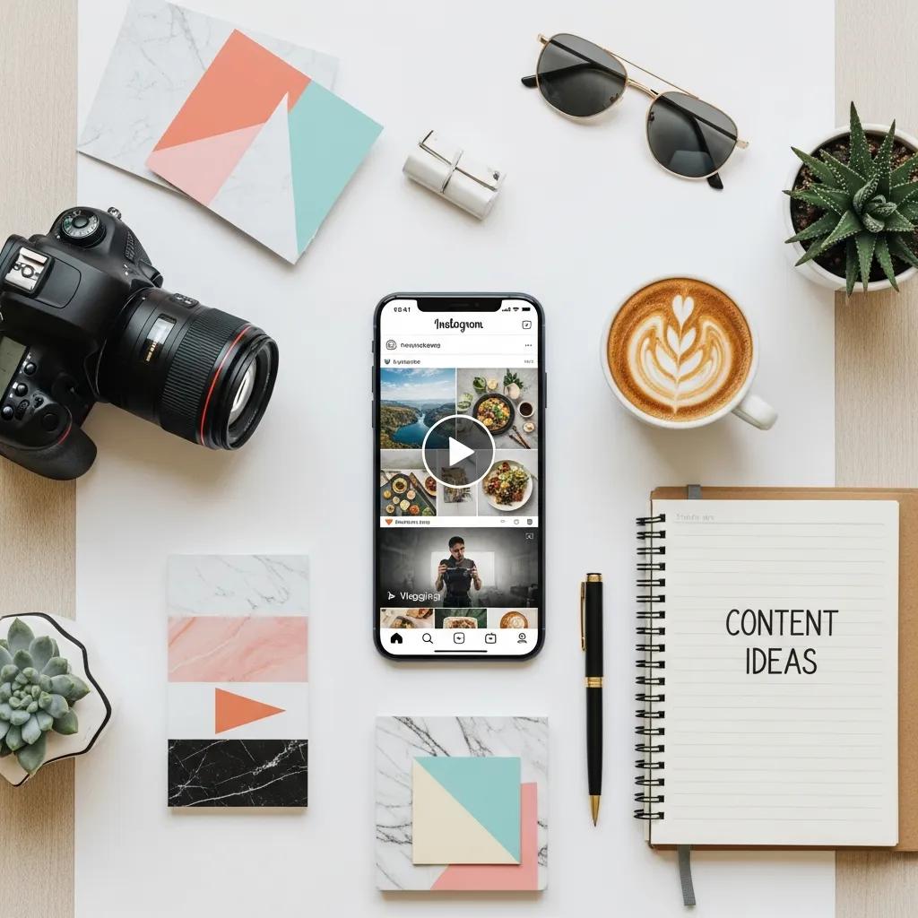 Flat lay of Instagram content types showcasing best practices for small business marketing