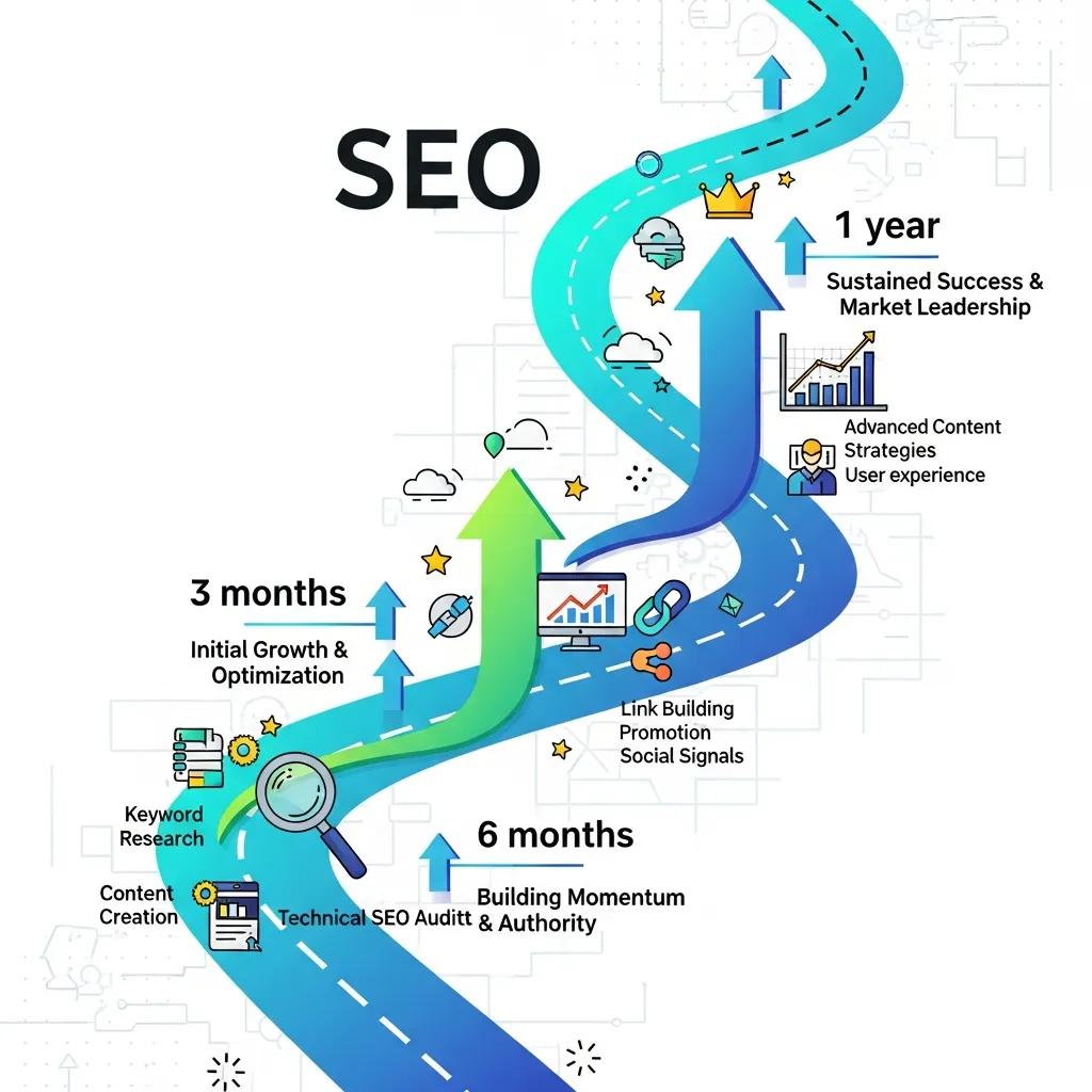 Illustrative timeline of SEO milestones for Toronto businesses, highlighting key phases: 3 months for initial growth and optimization, 6 months for building momentum and authority, and 1 year for sustained success and market leadership, with icons representing keyword research, content creation, link building, and advanced strategies.