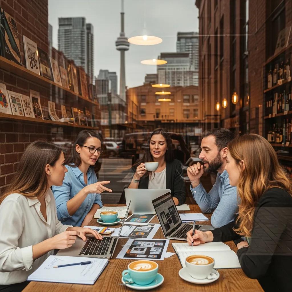 Marketing team brainstorming in a Toronto café, discussing social media strategies, laptops open, coffee cups on the table, CN Tower visible in the background, emphasizing local agency advantages.