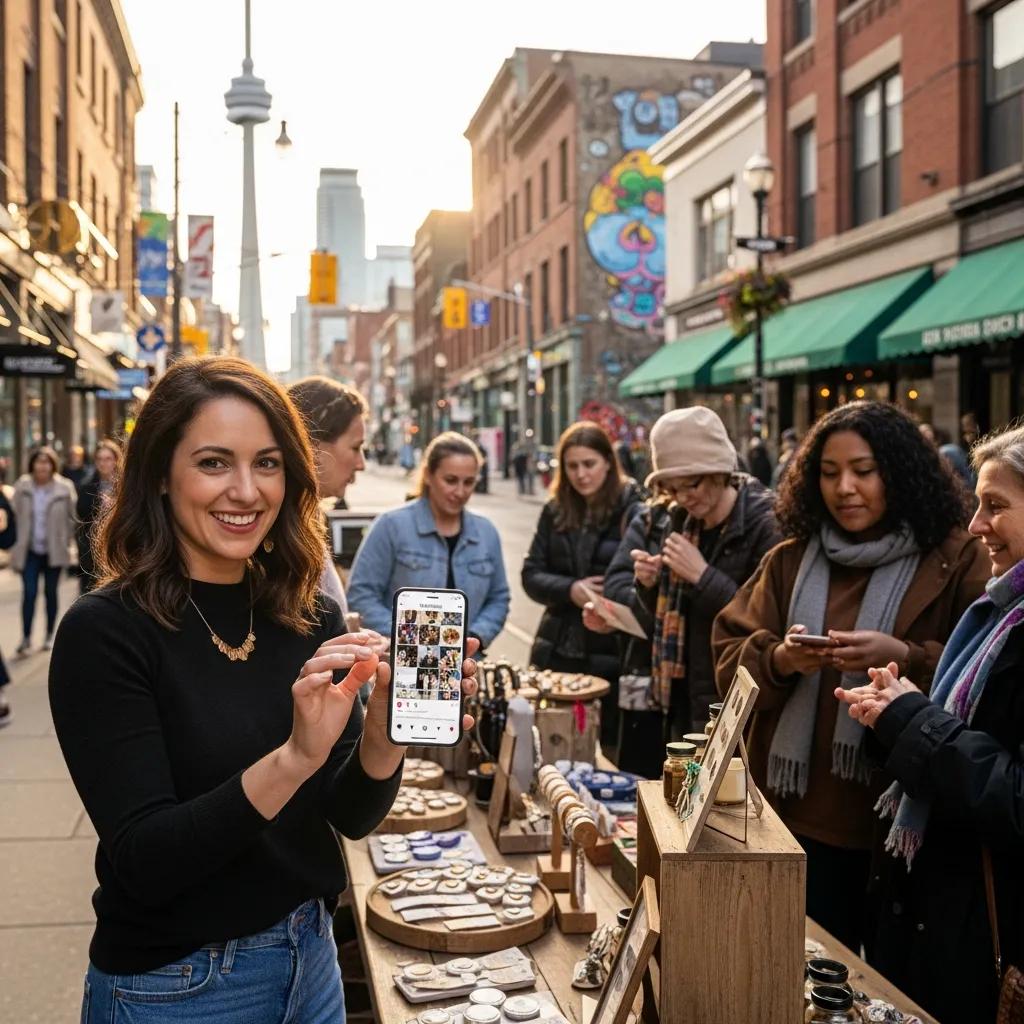 Small business owner in Toronto engaging with customers on Instagram amidst a lively street scene