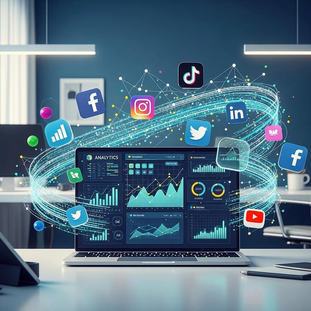 Laptop displaying analytics dashboard with social media icons like Facebook, Instagram, Twitter, and TikTok, representing social media marketing services offered by a Toronto agency.