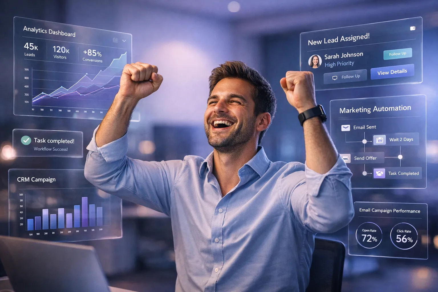 Marketing professional celebrating success with floating analytics dashboard and automation UI