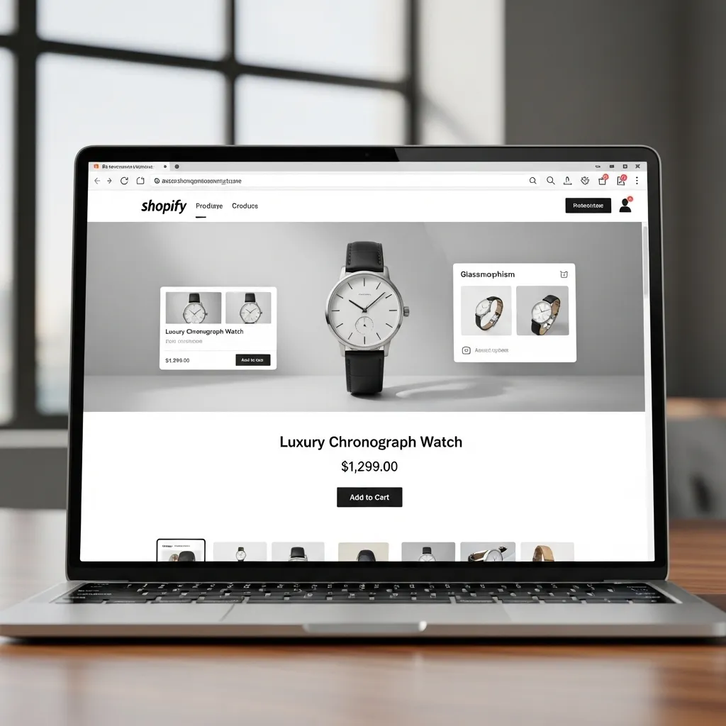 Shopify product page displayed on laptop with clean ecommerce design
