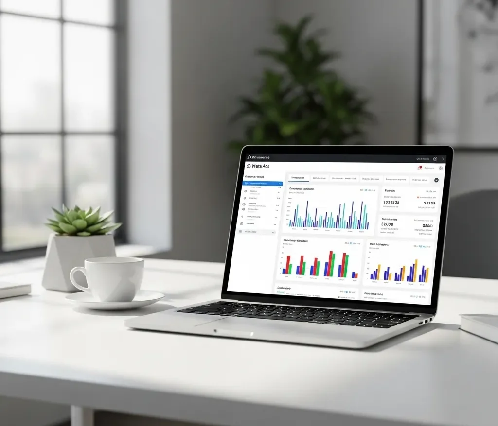 Laptop showing Meta ads dashboard and campaign performance metrics