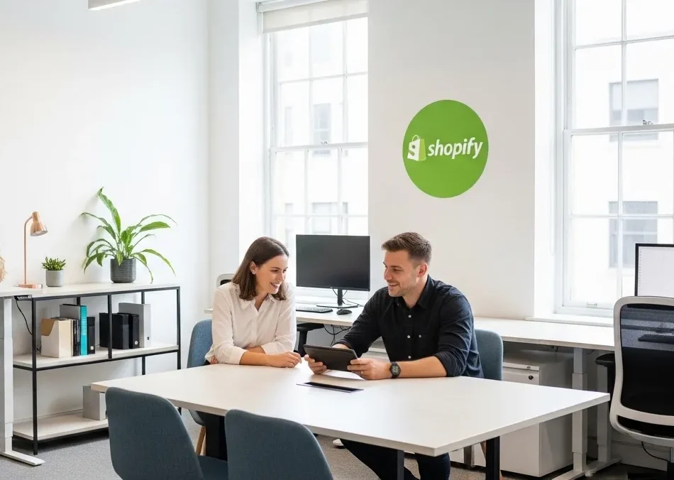 Team working on Shopify dashboard and ecommerce store analytics in a modern office
