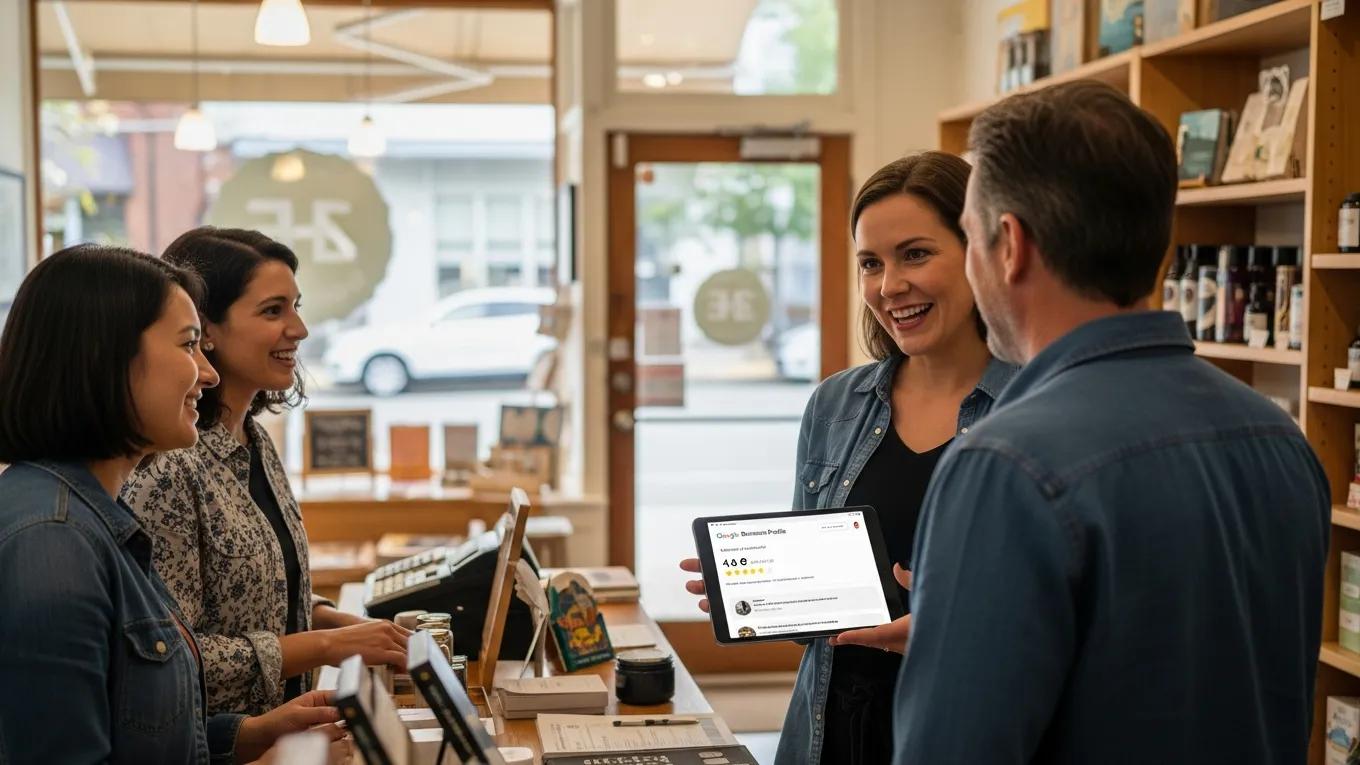 Small business owners reviewing a Google Business Profile rating on a tablet while discussing local SEO and customer reviews inside a retail store.