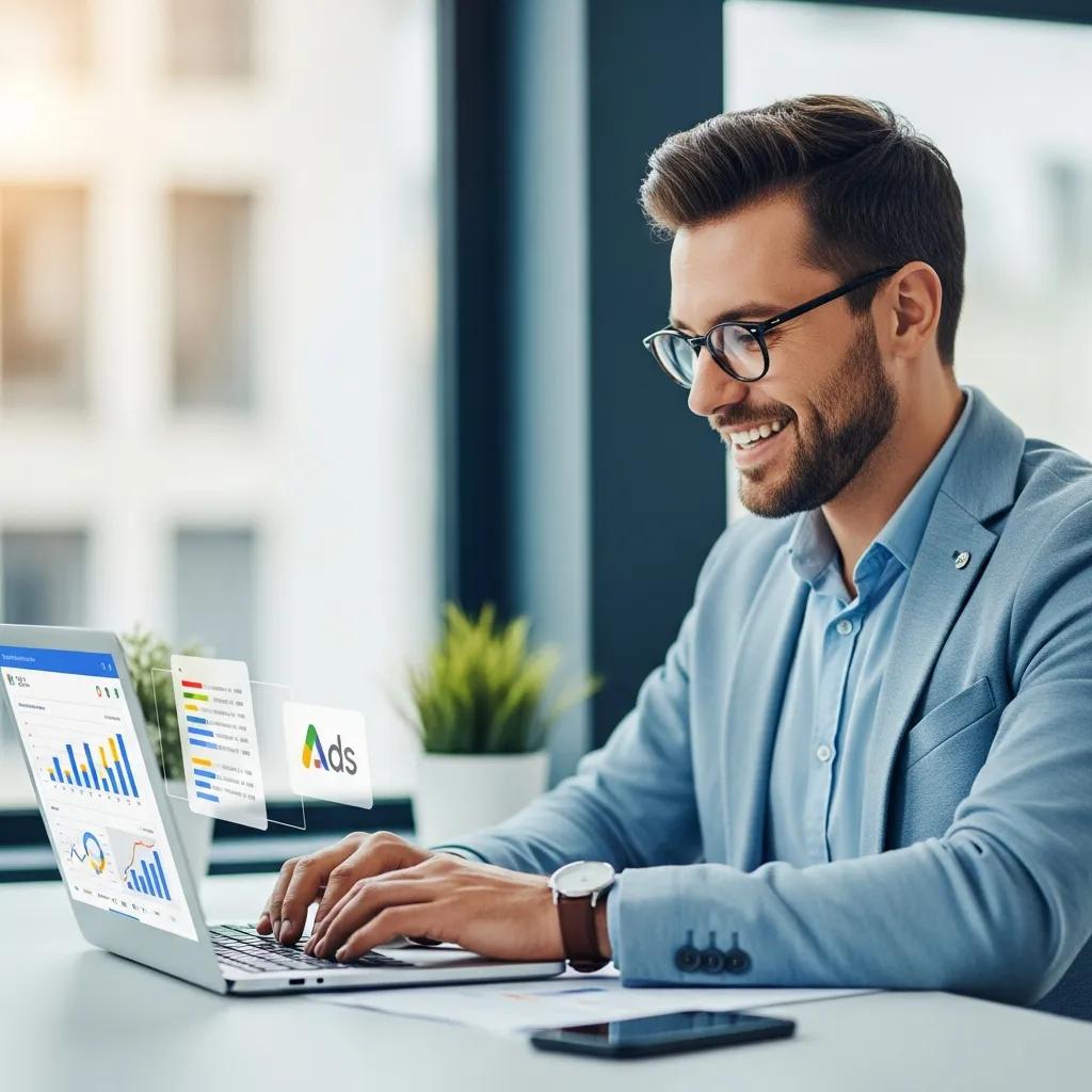 Digital marketing professional analyzing Google Ads data in a modern office