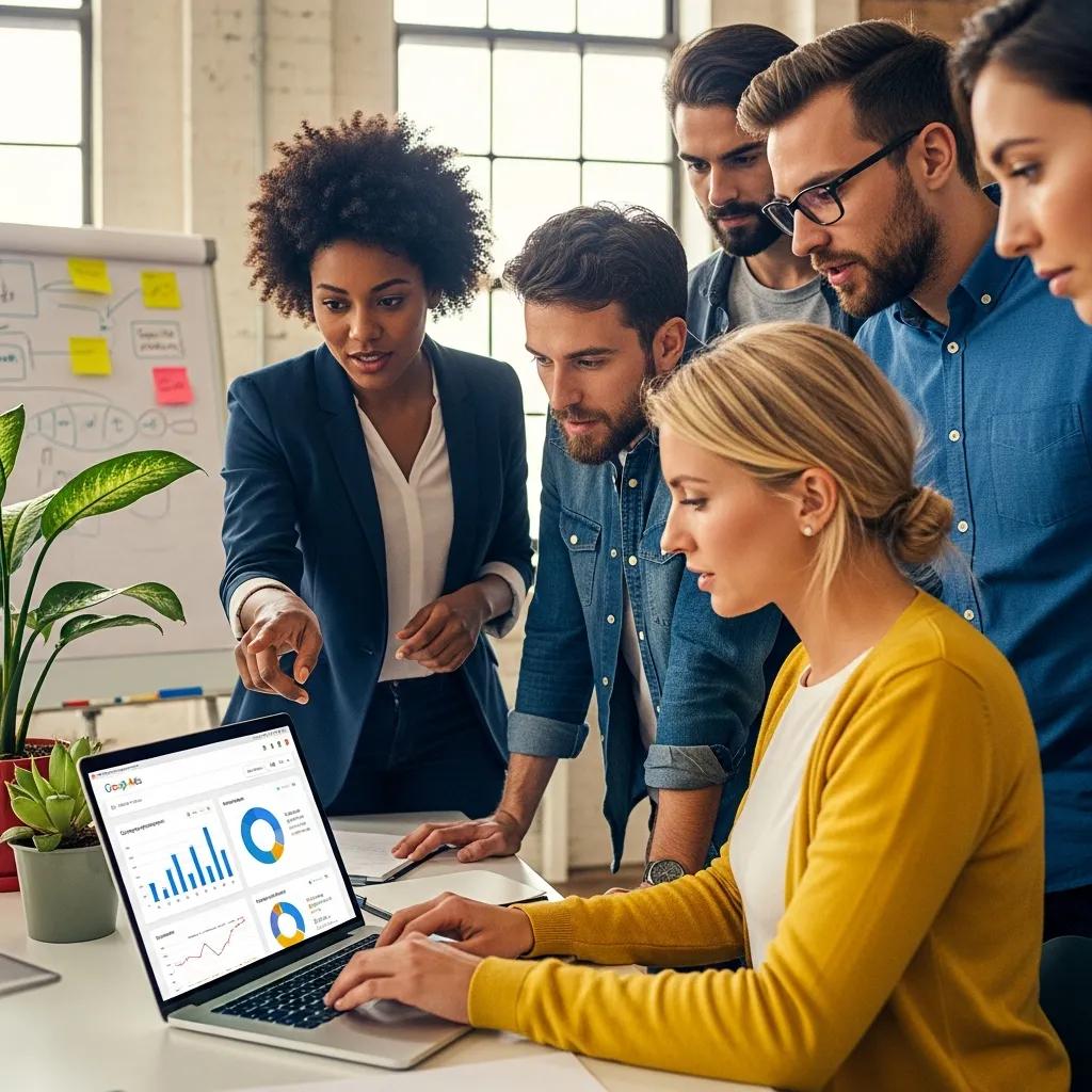 Diverse professionals collaborating on Google Ads strategies in a modern office