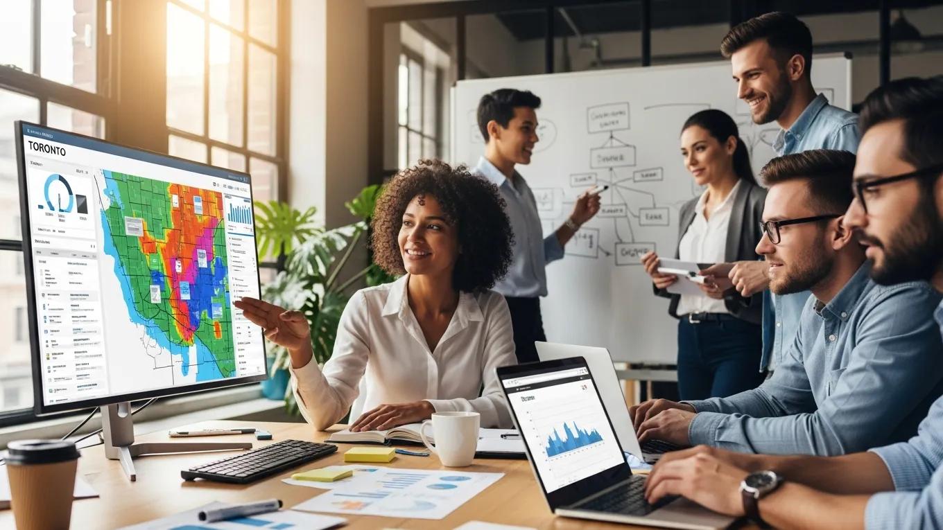 Digital marketing team reviewing a Toronto local SEO map dashboard in a modern office while planning search strategy and analytics.