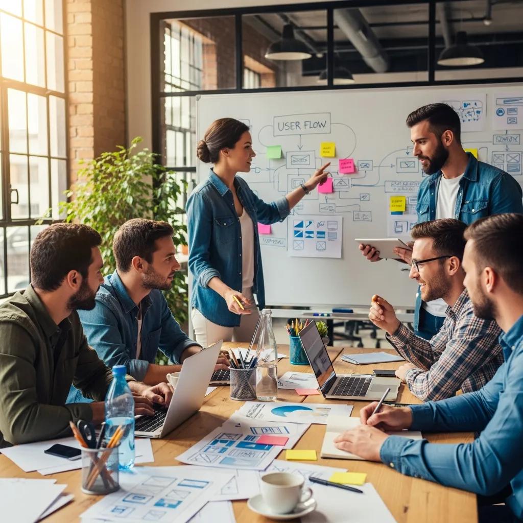 Diverse web developers collaborating in a modern office, emphasizing teamwork and creativity