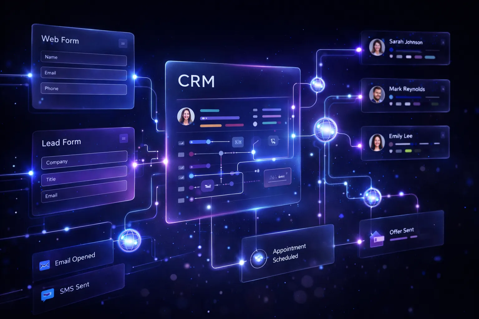 Visual representation of automated lead flow from forms to CRM system