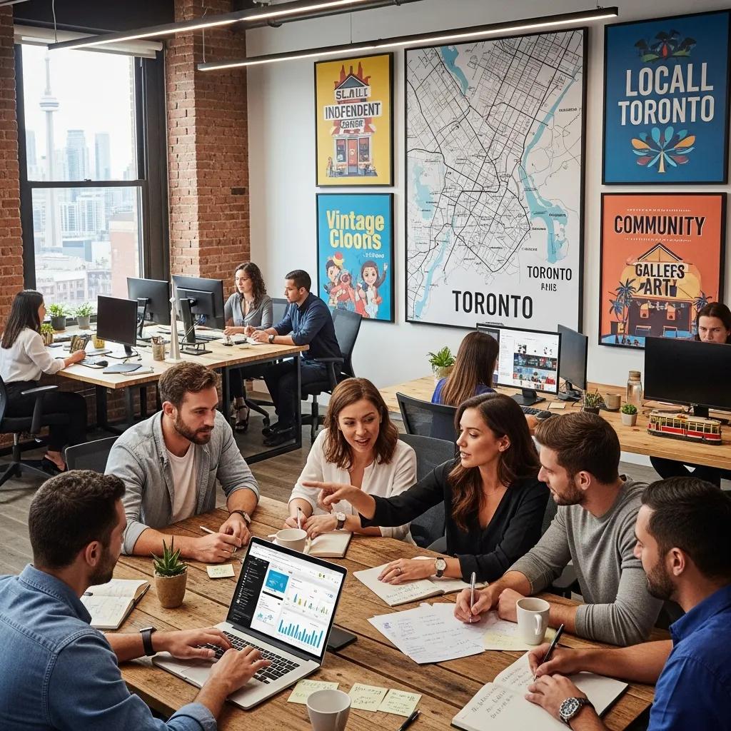 Local marketing agency team in Toronto discussing Google Ads strategies in their office