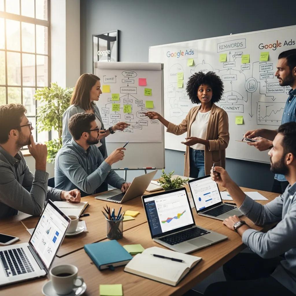 Marketing team collaborating on Google Ads strategies in a modern office setting