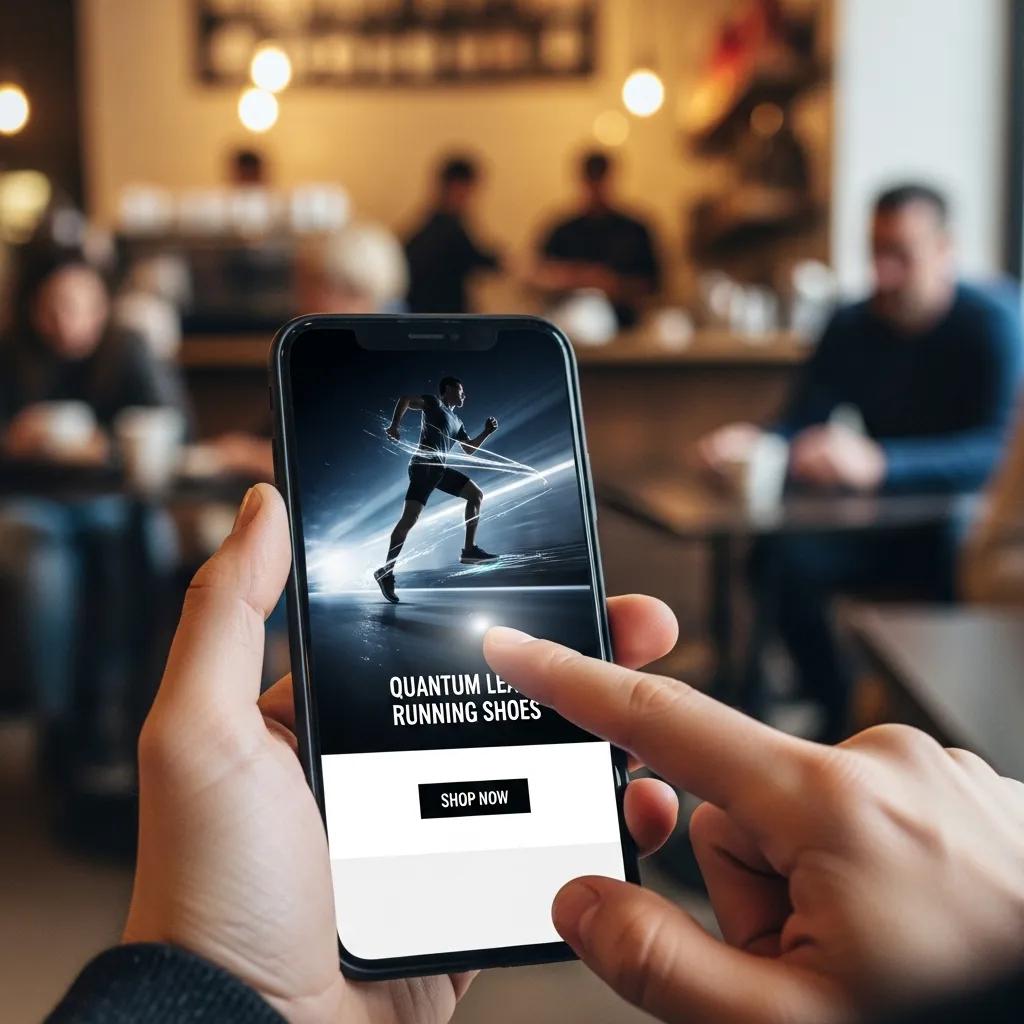 Person clicking on an online advertisement on a smartphone in a caf&eacute;