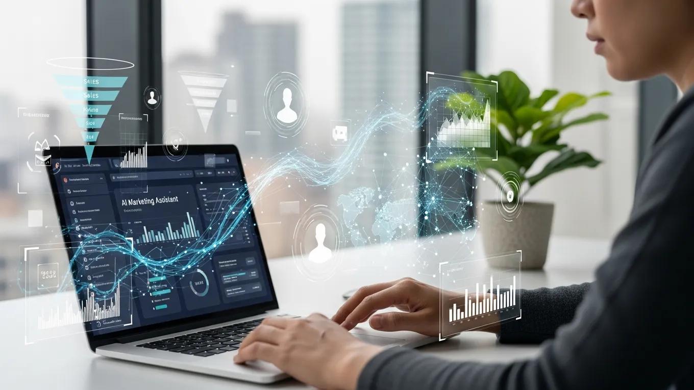 Person using AI-driven marketing tools in a modern workspace, showcasing emerging technologies