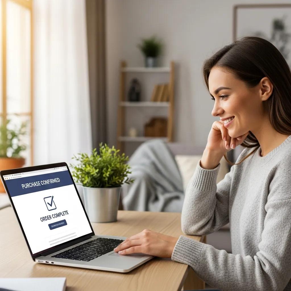 Satisfied customer completing an online purchase on a laptop at home