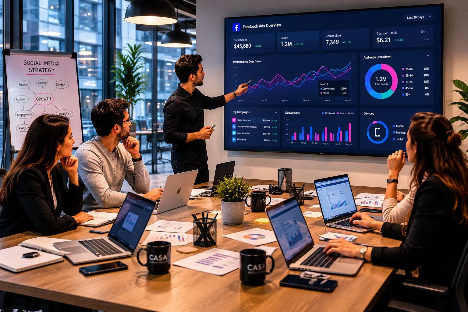Marketing team reviewing Facebook ad campaign strategy and performance analytics in a modern office.