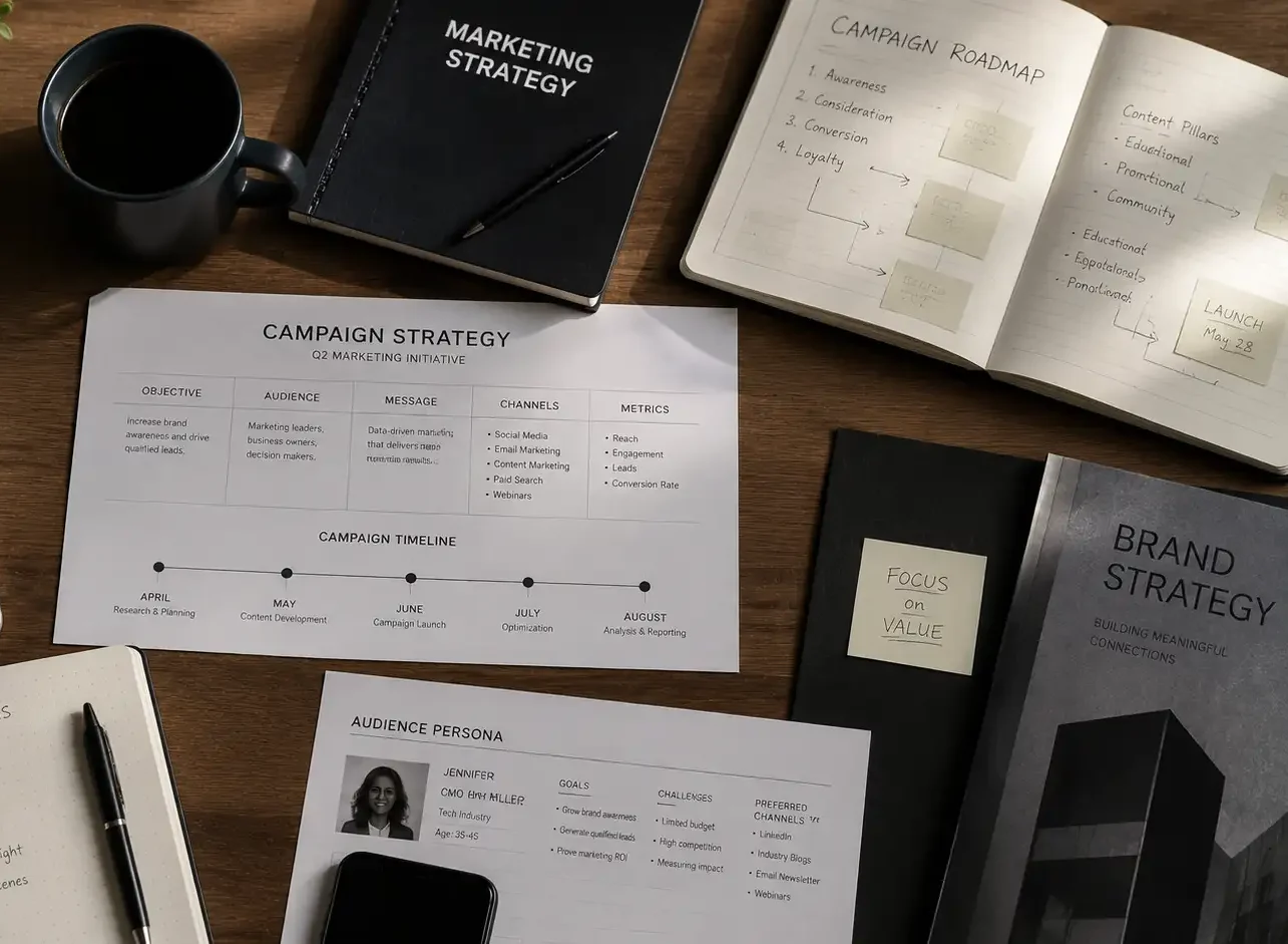 Modern marketing campaign planning workspace with strategy documents and creative business tools.