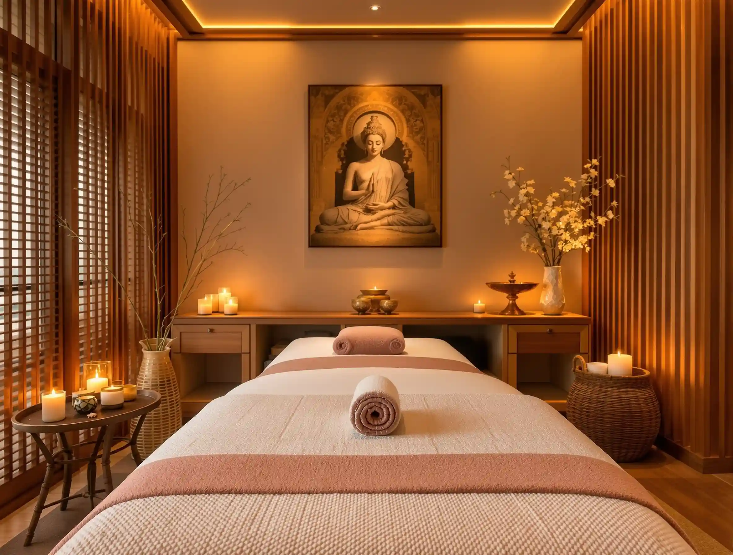 Serene massage room with Buddha art and spa treatment table for Golden Thai Massage.