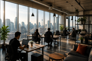 Professional marketing agency team working in a modern Canadian office with skyline views, collaborative workspaces, and warm natural lighting.