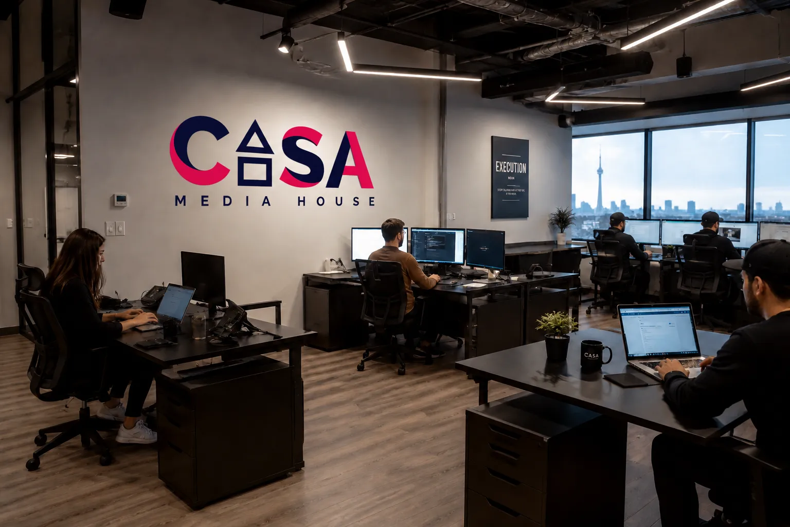 Employees working on computers inside the modern Casa Media House office with branded wall signage and city skyline view.