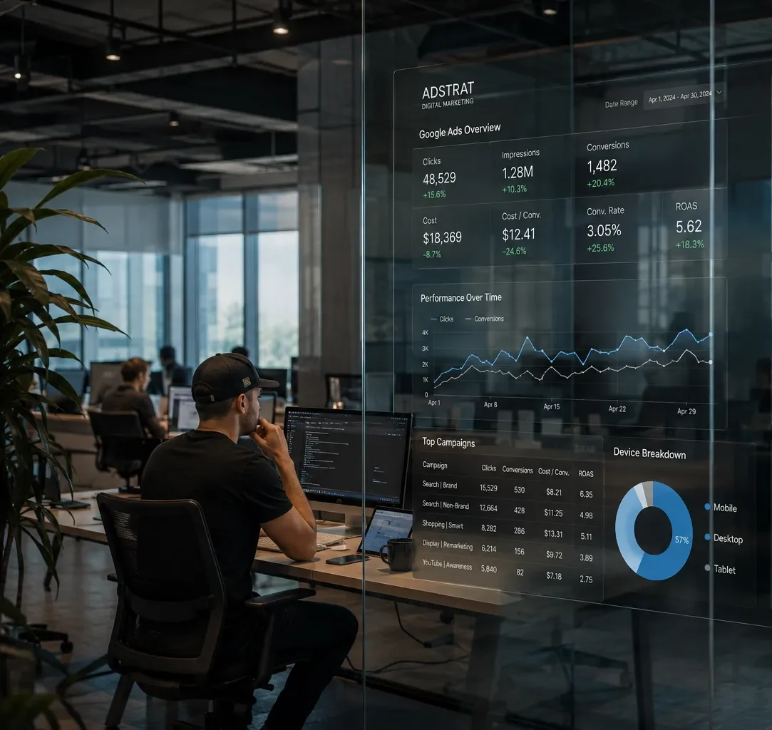 Luxury marketing agency office with transparent PPC reporting dashboards displayed on glass panels.