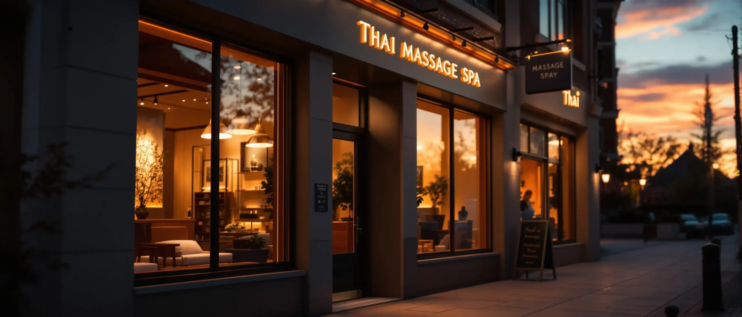 Golden Thai Massage spa storefront with warm interior lighting and sunset sky.