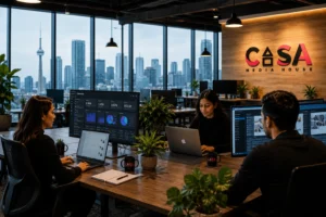 Professional SEO team working inside a modern Canadian-style office with Casa Media House logo on the wall.