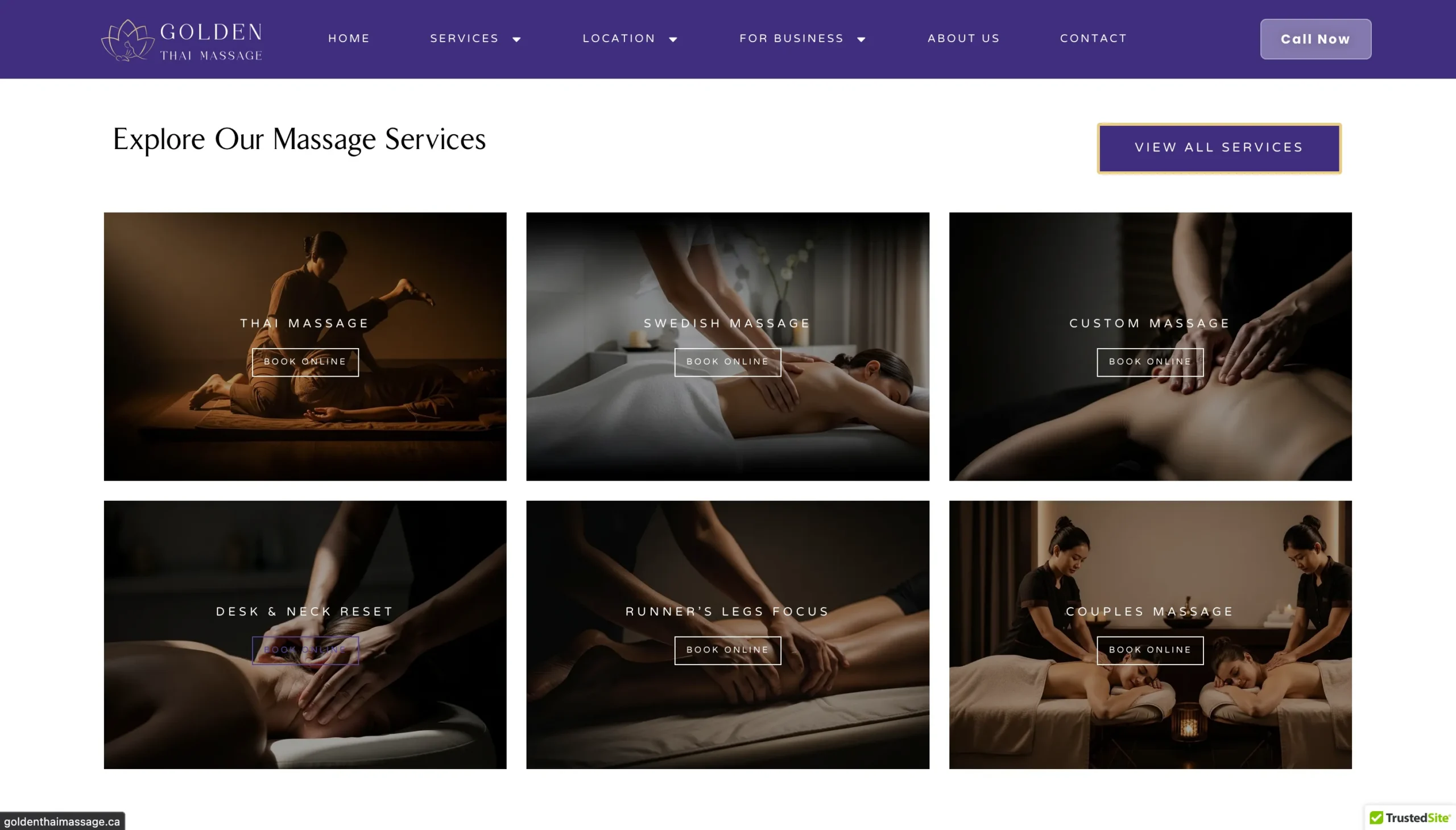 Golden Thai Massage website showcasing various massage services and online booking options.