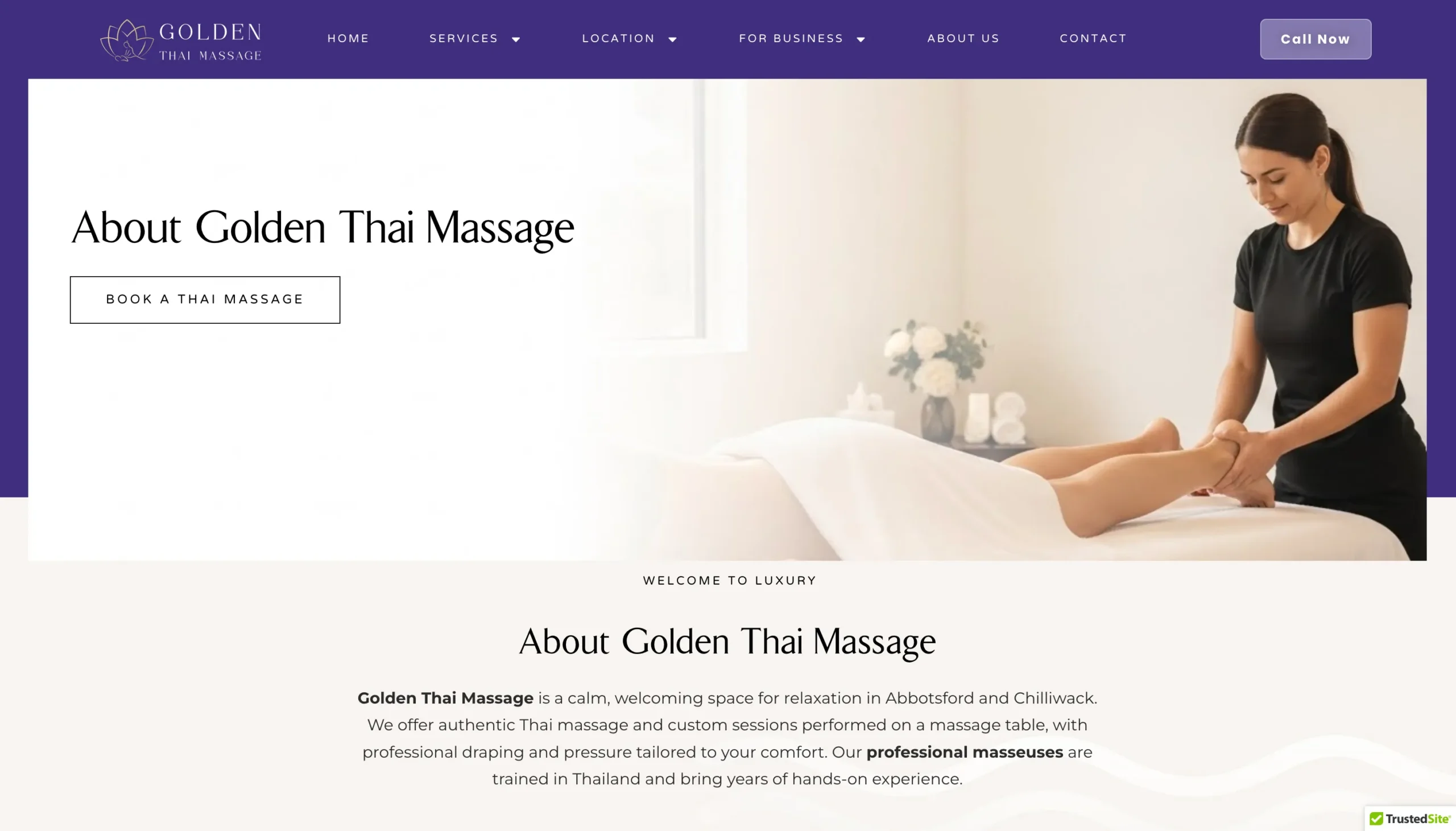Golden Thai Massage website homepage showcasing massage therapy and appointment booking.