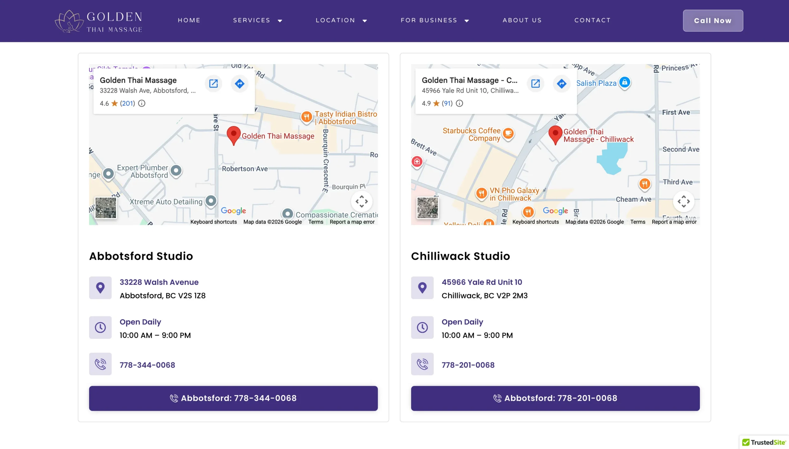 Golden Thai Massage website displaying location maps and studio information for Abbotsford and Chilliwack.
