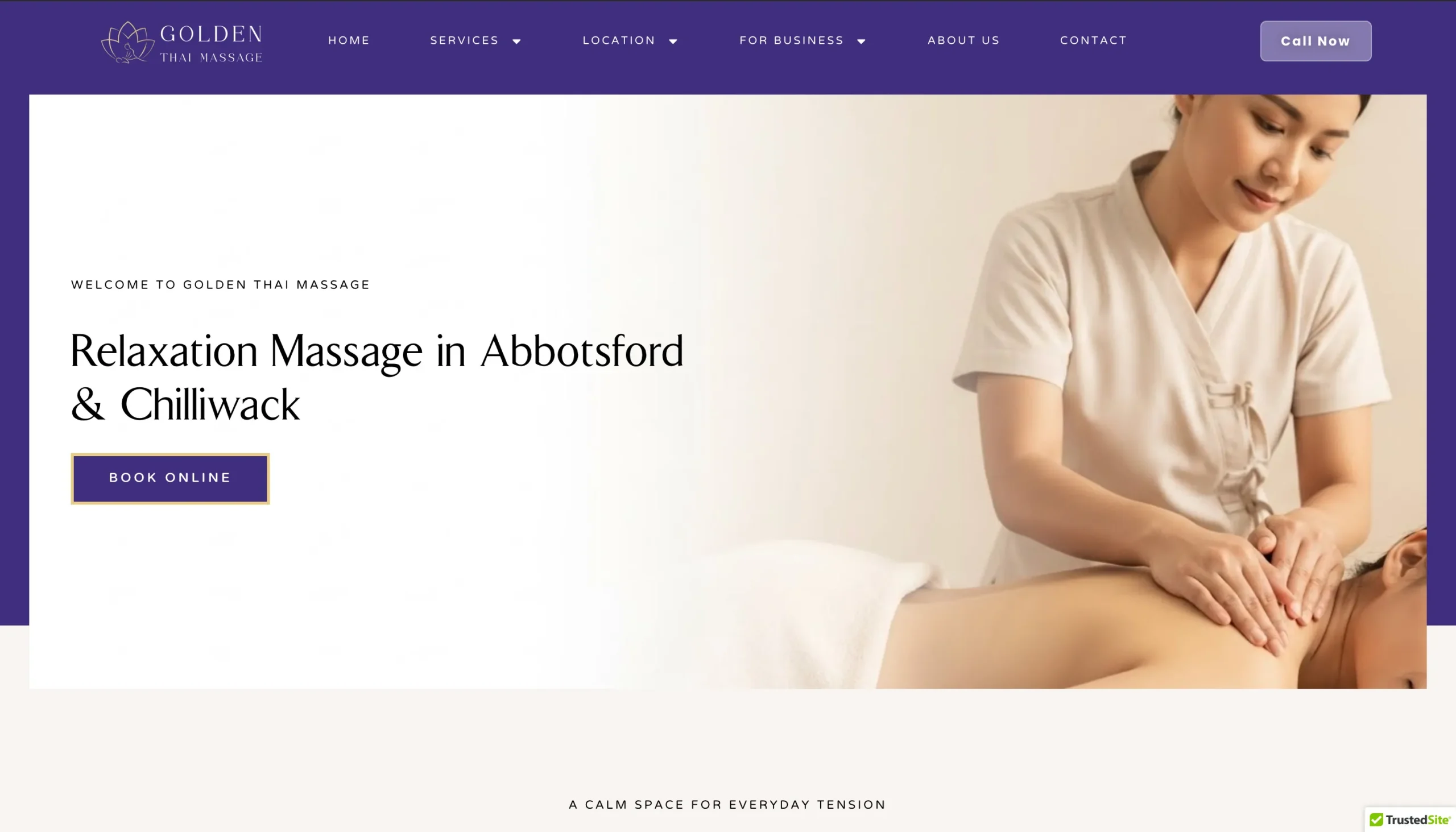 Golden Thai Massage website homepage showcasing relaxation massage services and appointment booking.