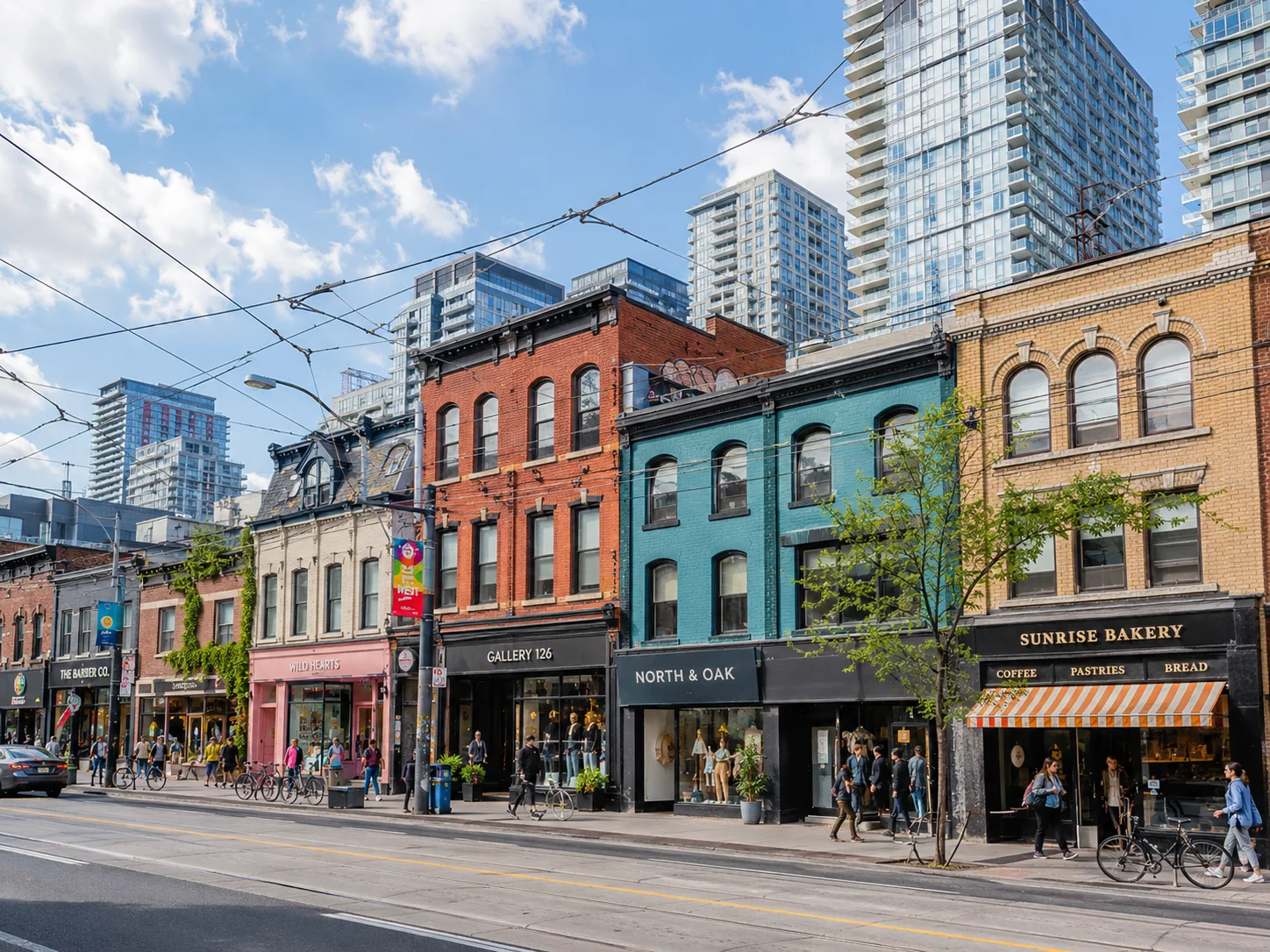 Bustling urban street with diverse shops