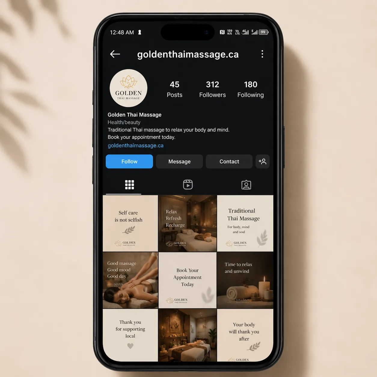 Instagram profile for Golden Thai Massage showcasing follower growth and bookings.