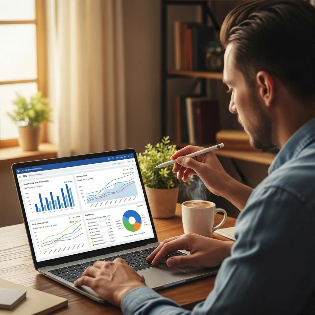 Business owner reviewing PPC advertising metrics on a laptop in a cozy office, showcasing local advertising benefits