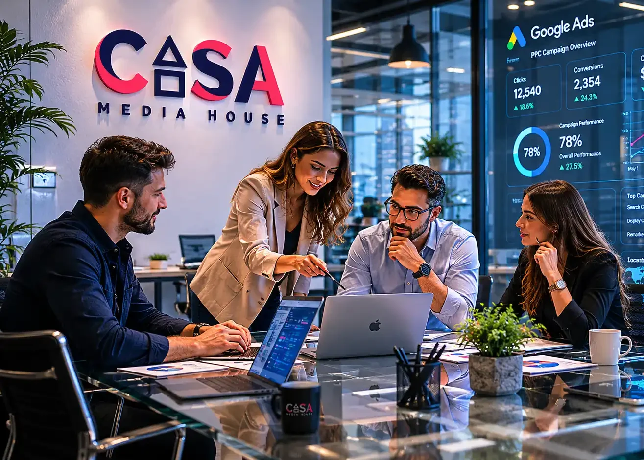 Professional Canadian digital marketing agency team collaborating in a modern glass office with Google Ads PPC analytics displayed on transparent screens.