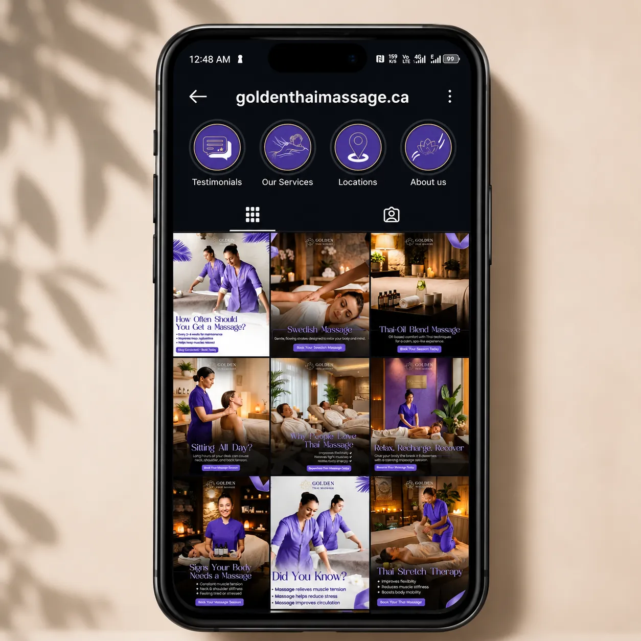 Smartphone displaying Golden Thai Massage website and Instagram profile.