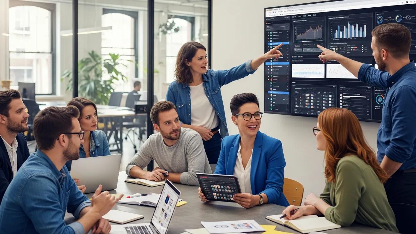 Collaboration in a modern office environment focused on social media strategy and analytics