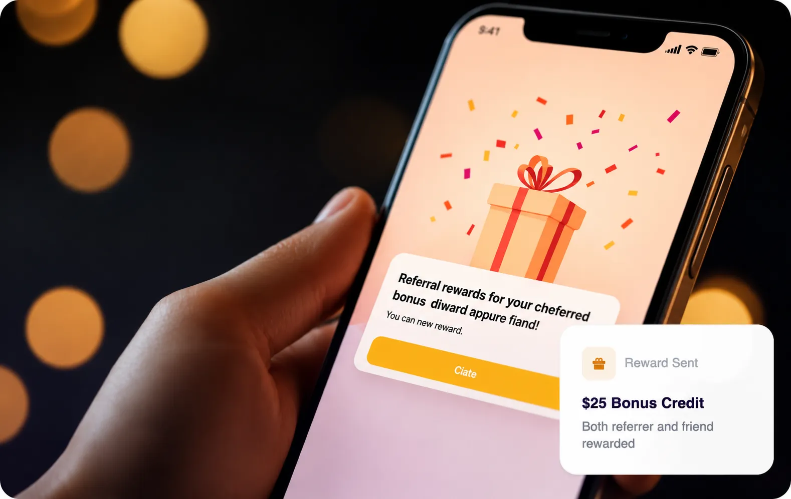 Close-up of a smartphone displaying a referral rewards screen with a gift box illustration and bonus credit notification, showing a modern rewards app interface with warm bokeh lighting and a premium mobile fintech-style design.
