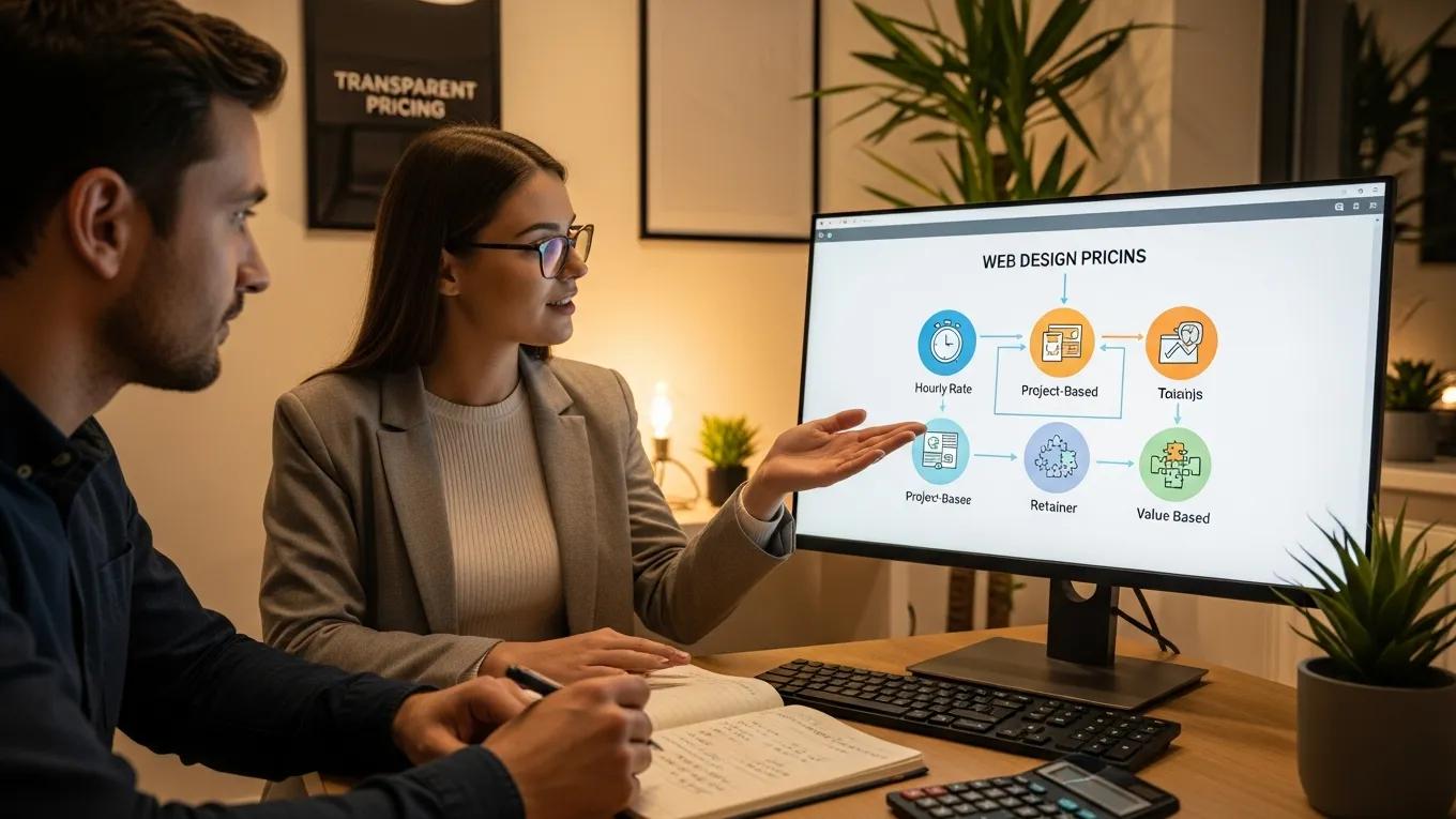Designer discussing web design pricing structures with a client in a professional setting